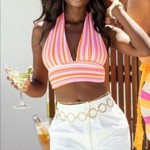 Beginning Boutique Pink beach knit halter crop top